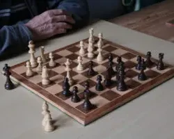 Photo credit: Paul Manning 2024 A chess game being played on a wooden chess board.