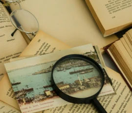 Photo credit: Feysa Dastan A vintage magnifying glass on open books with a postcard