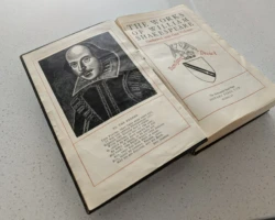 Photo credit: Jane Jordan A close-up shot of William Shakespeare on the frontispiece to his Complete Works.
